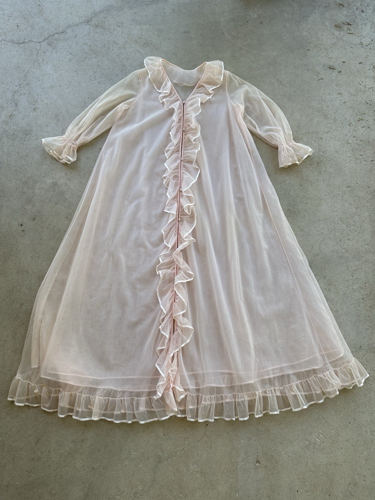 1960s Miss Elaine Pink Sheer Nylon Peignoir Robe Ruffle Front Double Layer VTG