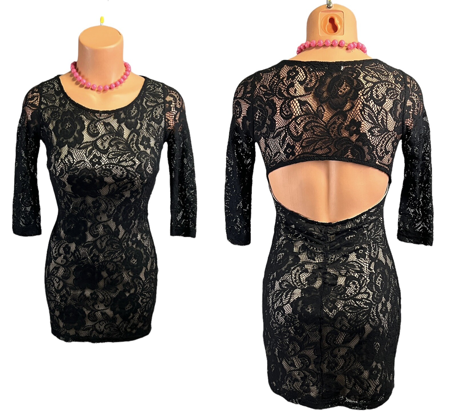 Vintage 90s Black Illusion Lace Stretchy Bodycon Nude Beige Lined Mini Dress