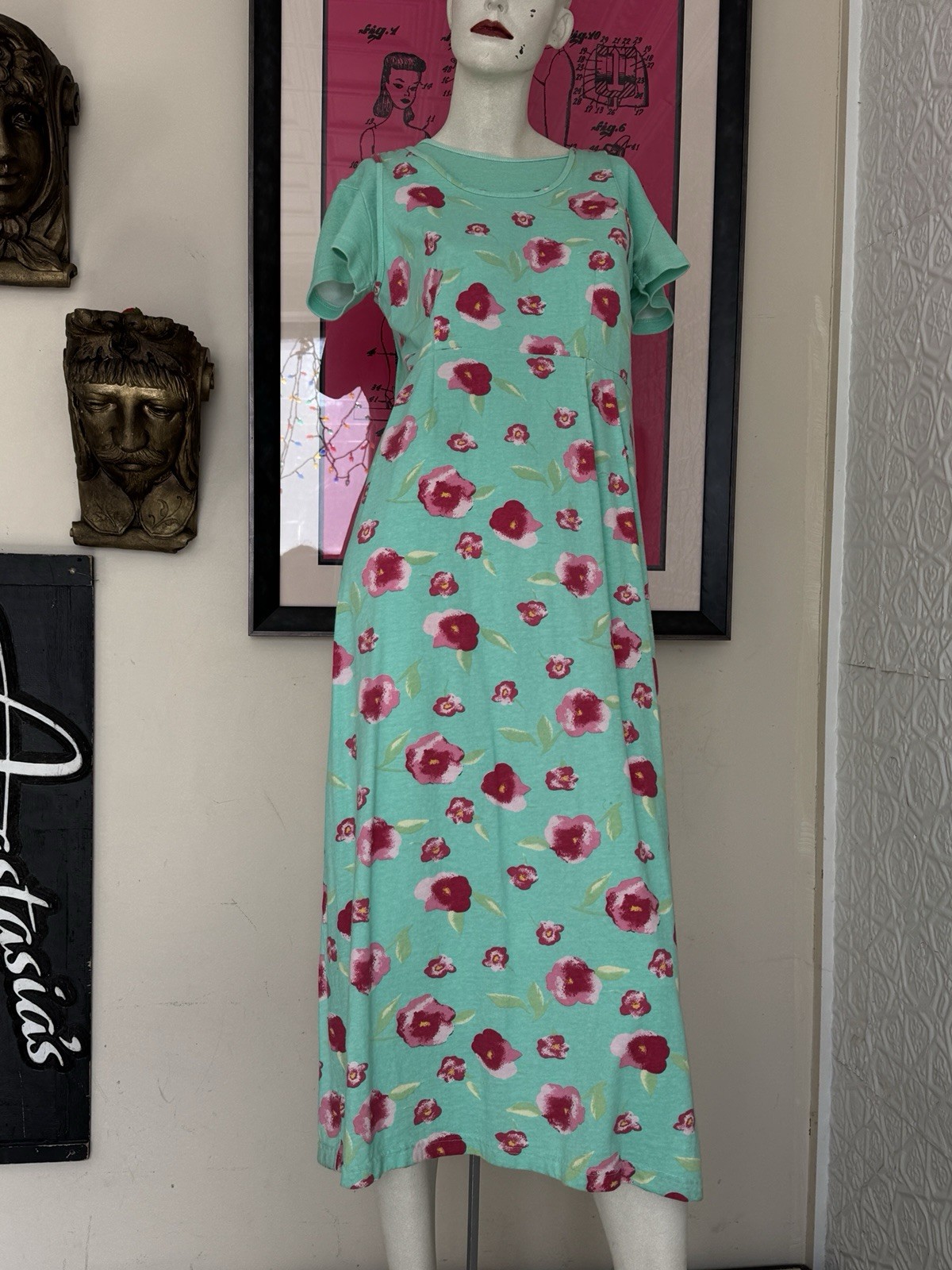 Vintage 1990s Dress Set-Knit-Floral-Spring-Cottage Green Pink-T Shirt-Tank-M