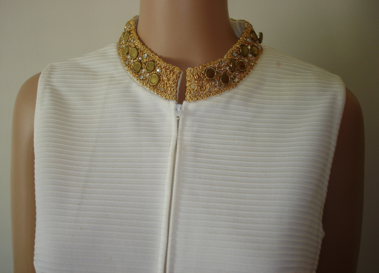 Vtg Cabot Mini Dress Rhinestone Collar & Faux Pocket Details Textured Polyester