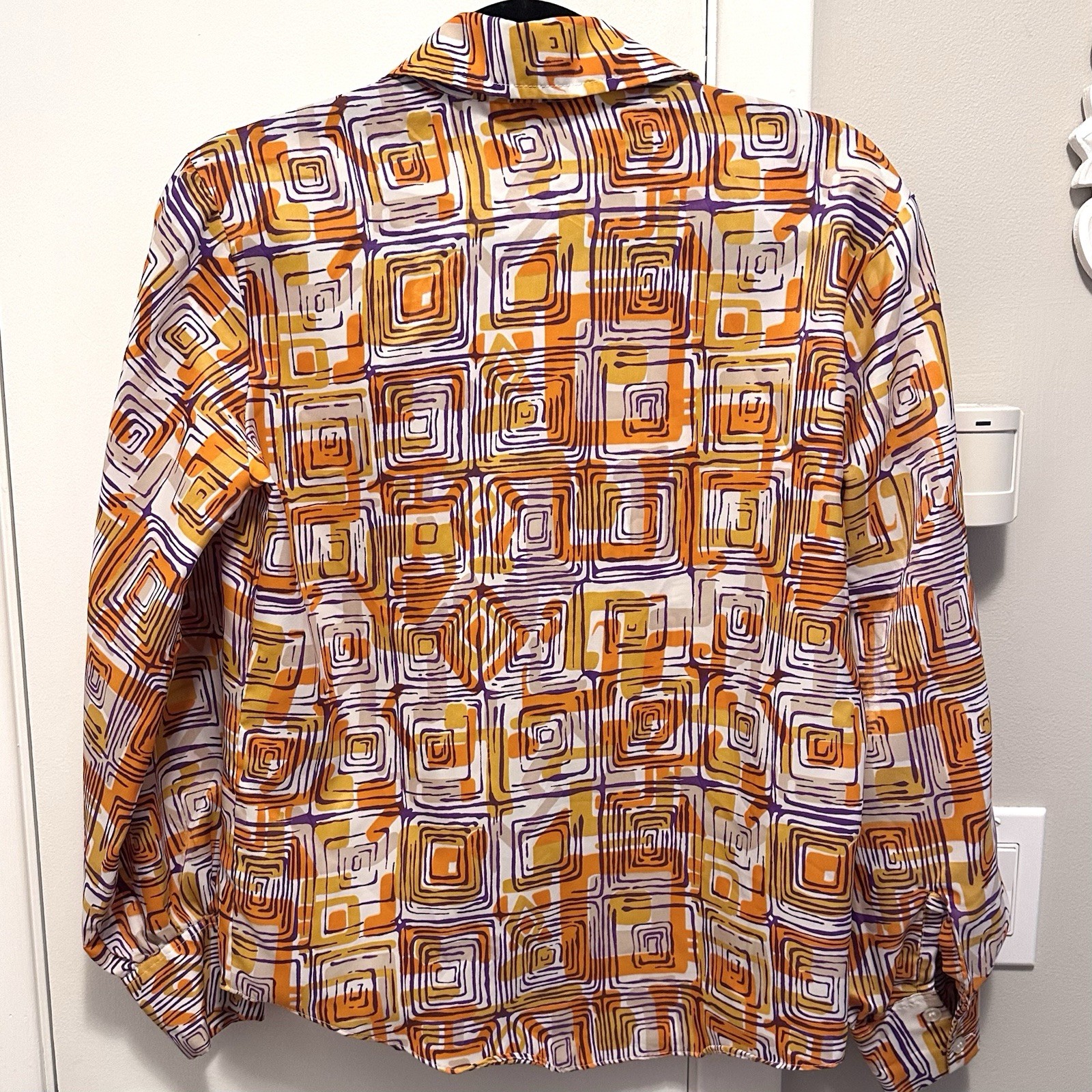 Vintage 70s Joyce Lane Womens Button Up Shirt M Orange Purple Abstract Geometric
