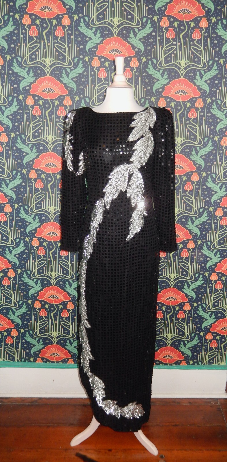Vintage 80&rsquo;s 90&rsquo;s Dallas Dynasty Dress Black Silver Sequin Beaded Backless Gown