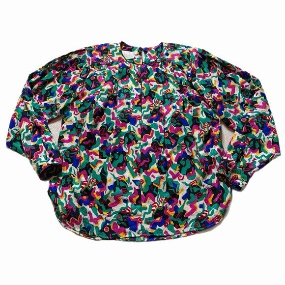 VTG 80s Women 100% Silk Bold Geometric Abstract Kitschy Print Blouse Top 10