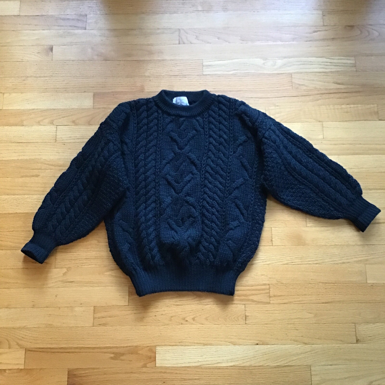 Celtic Woolens Variegated Bl/Gr Unisex Cableknit Fisherman Sweater, SM-MED,*READ