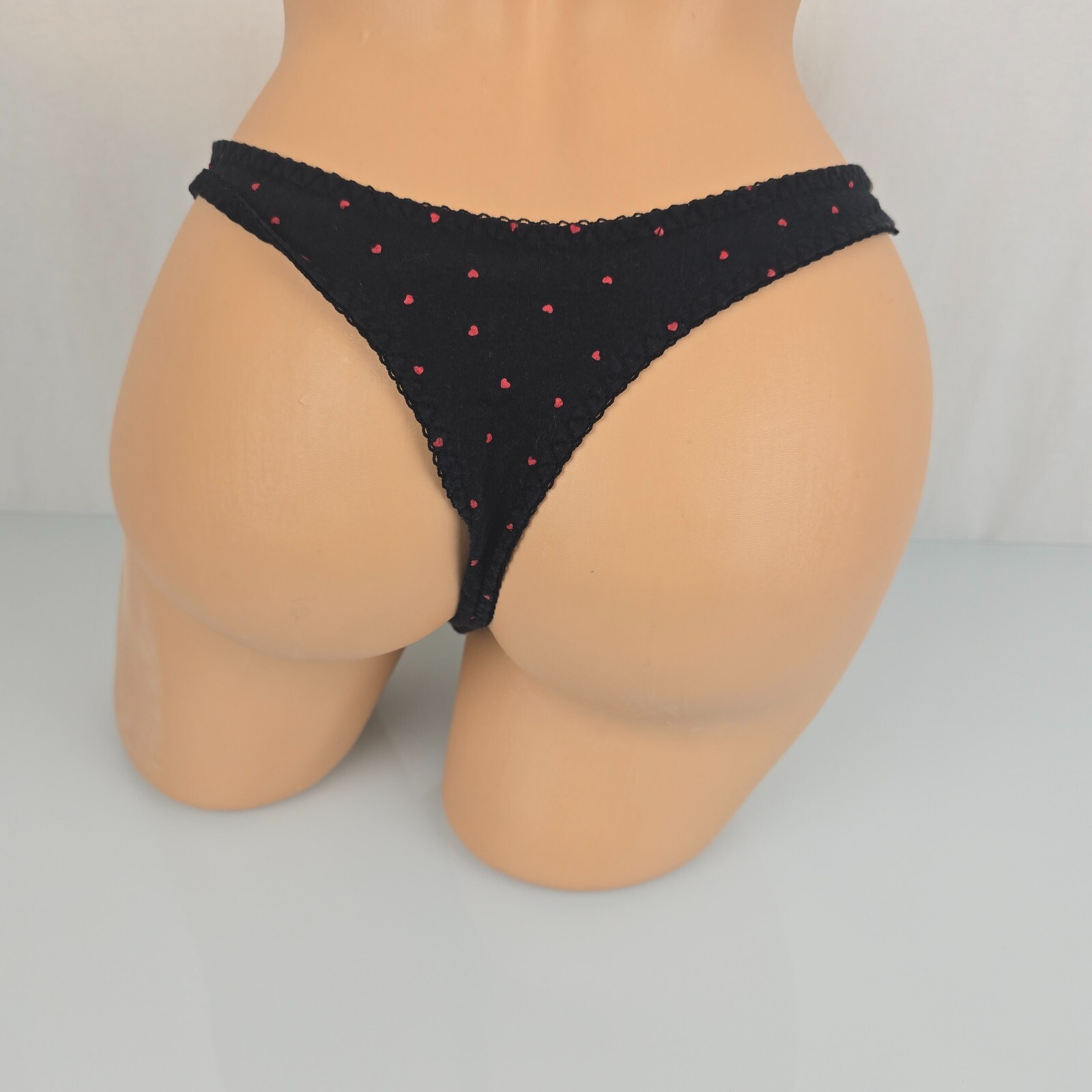 Vtg French Dressing Black Red Heart Cotton Thong Panties S M L XL Stretched out