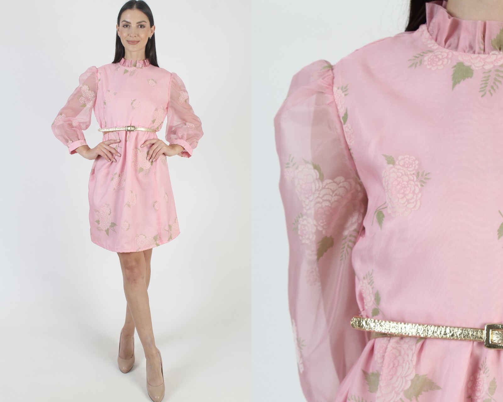 Vtg Barbiecore Romantic Mini Dress High Collar Velvet Floral Print Cottage Sheer