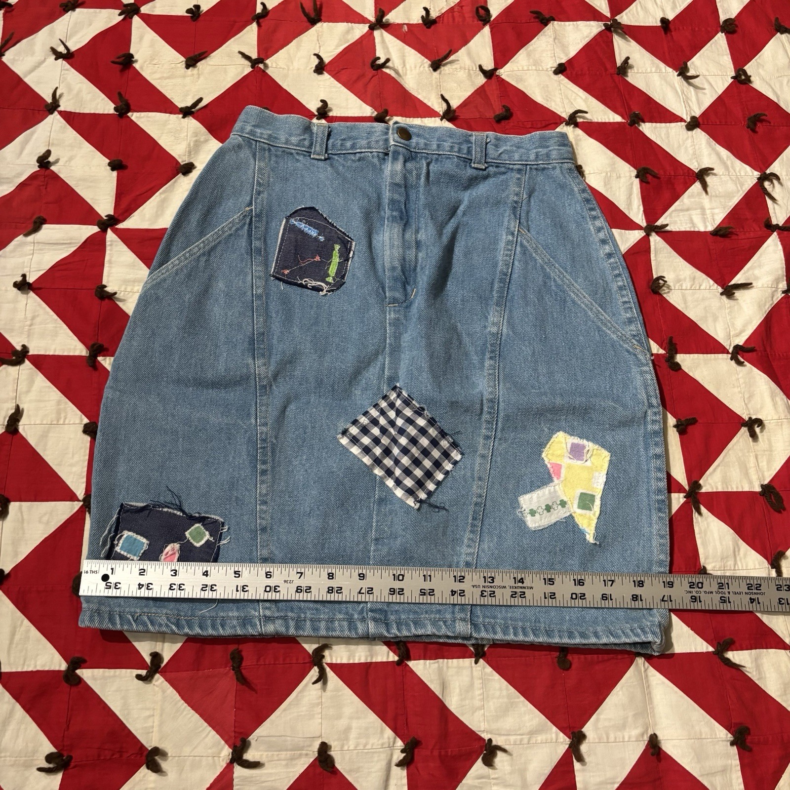 Vintage 1980s Patchwork Denim Skirt As Is Worn Flaws Stains Homemade