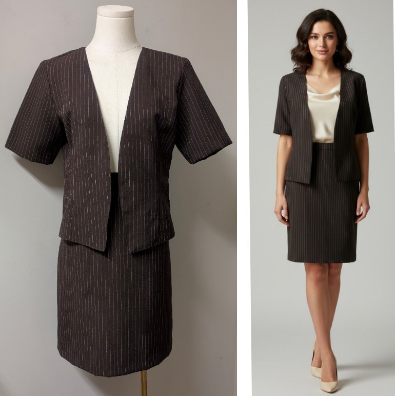 Vintage 90&rsquo;s Brown Pinstripe Skirt Suit Open Jacket Short Sleeve S