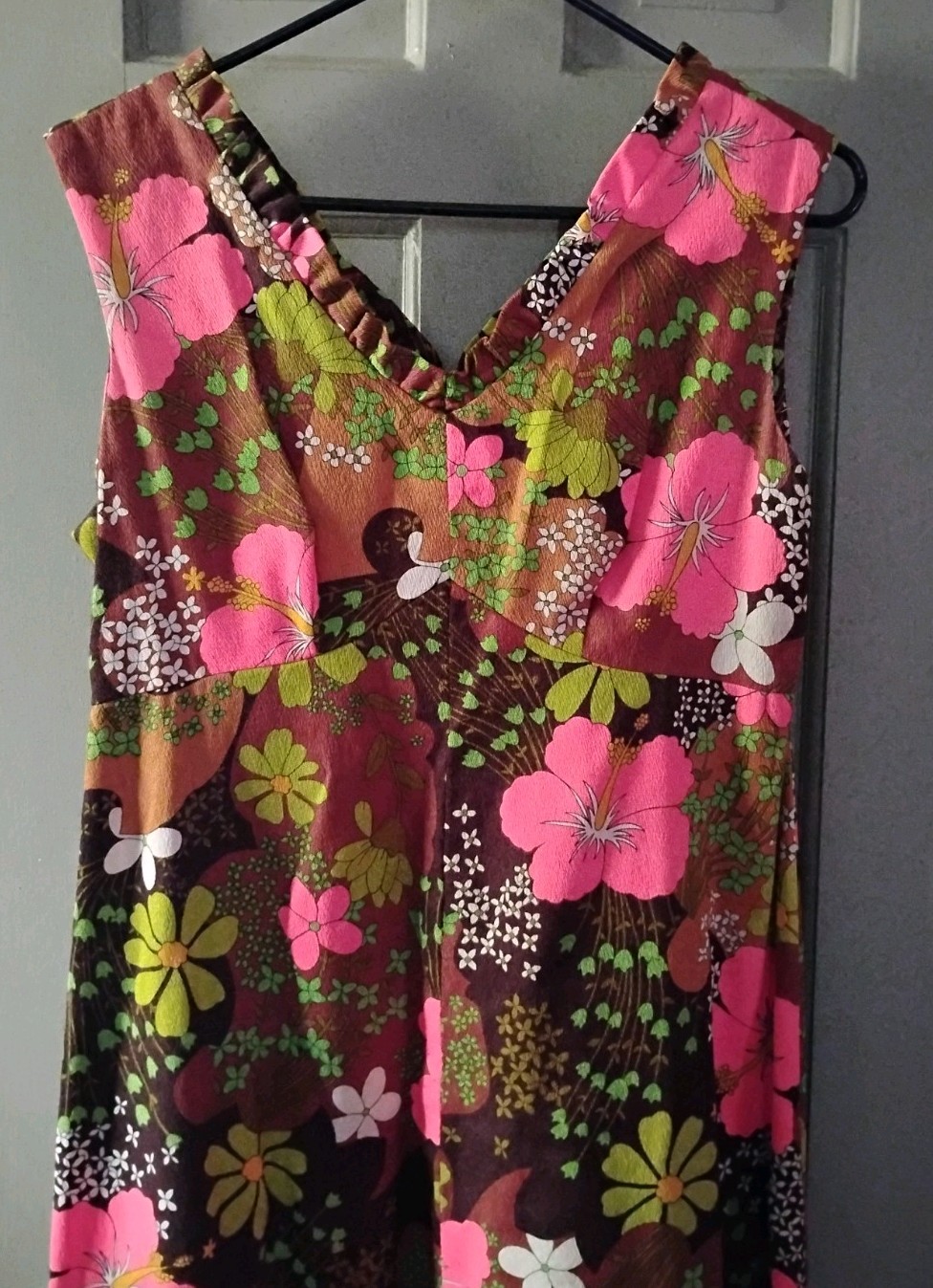 Vtg 60s Hukilau Fashions Hawaiian Barkcloth Maxi Dress 14 Hibiscus Pink Brown