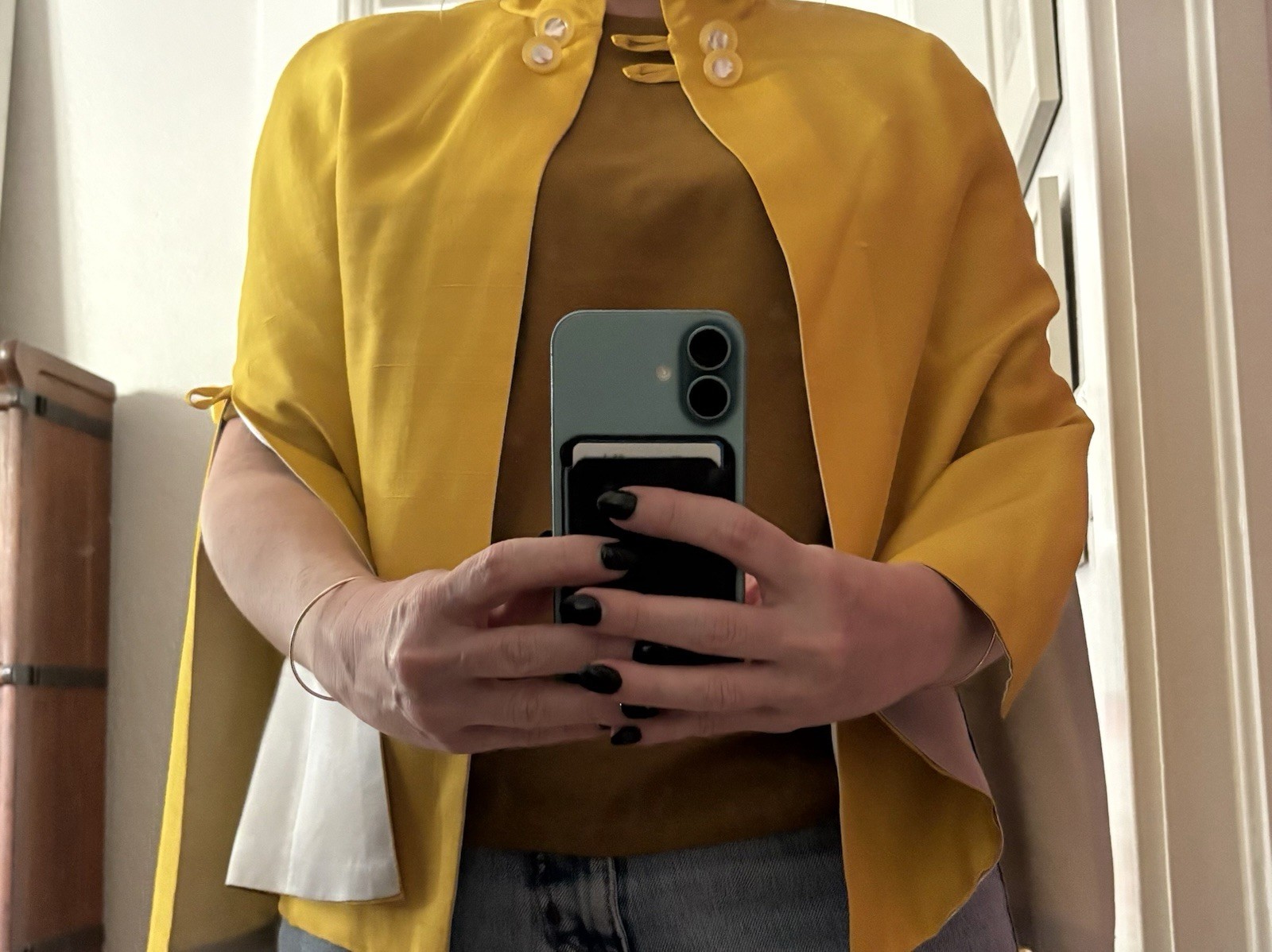 Vintage Bright Yellow Silk? Capelet Jacket with Pearl Buttons