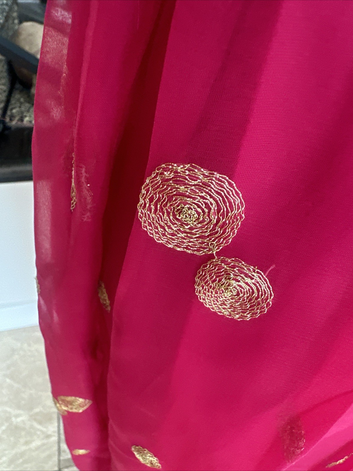 Jack Bryan NWT 70s Raspberry Pink Voile & Gold Embroidery Blouson Maxi Dress S