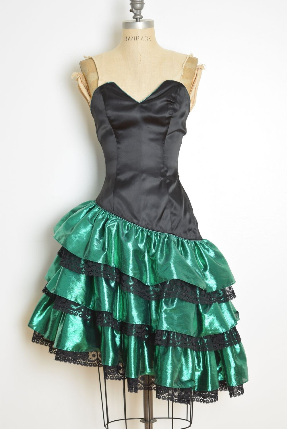 vintage 80s prom party dress green metallic lamé black satin strapless chacha XS