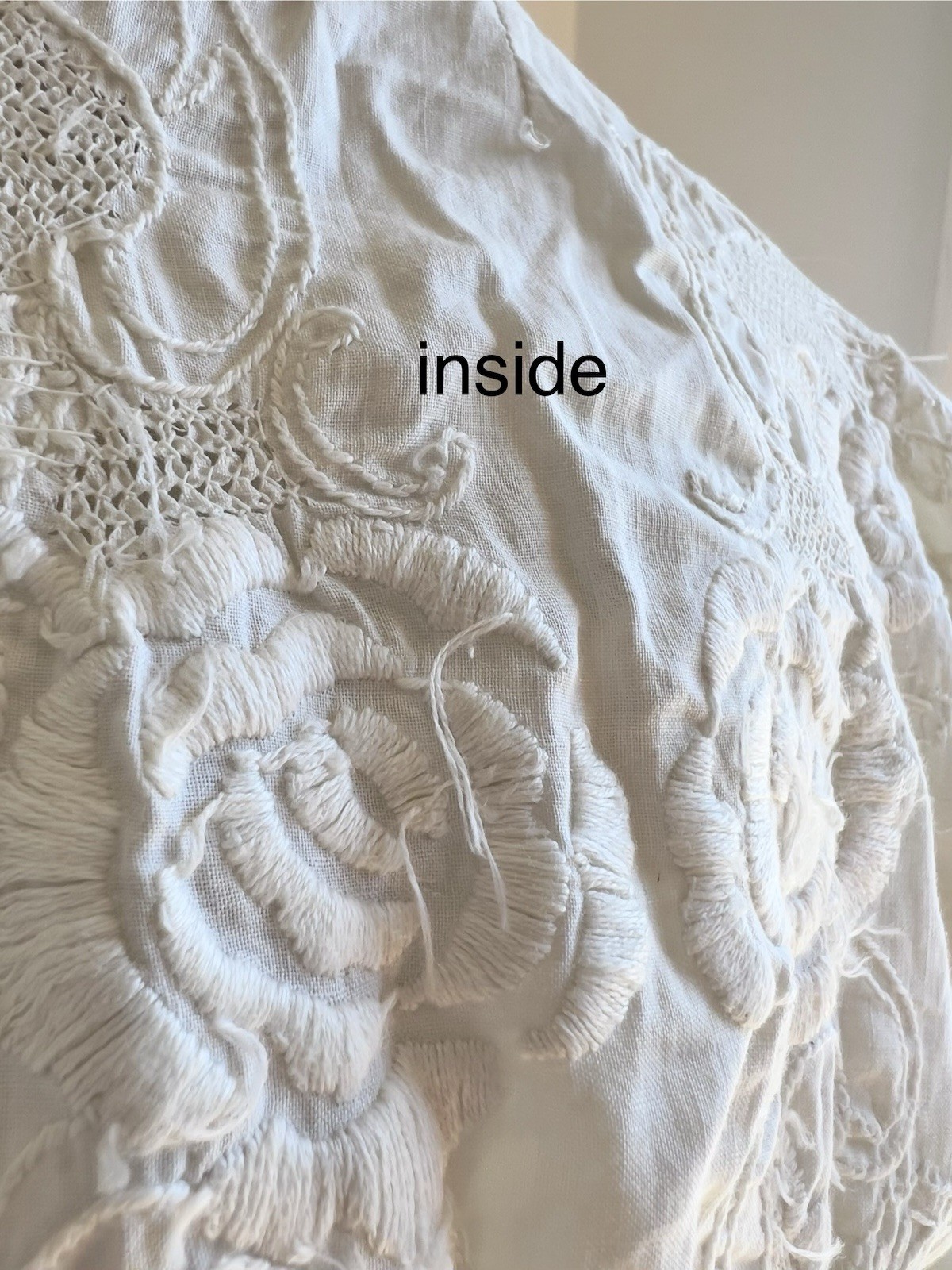 Antique Cotton Blouse Top Off White Hand Embroidered Lace Edwardian Button Back