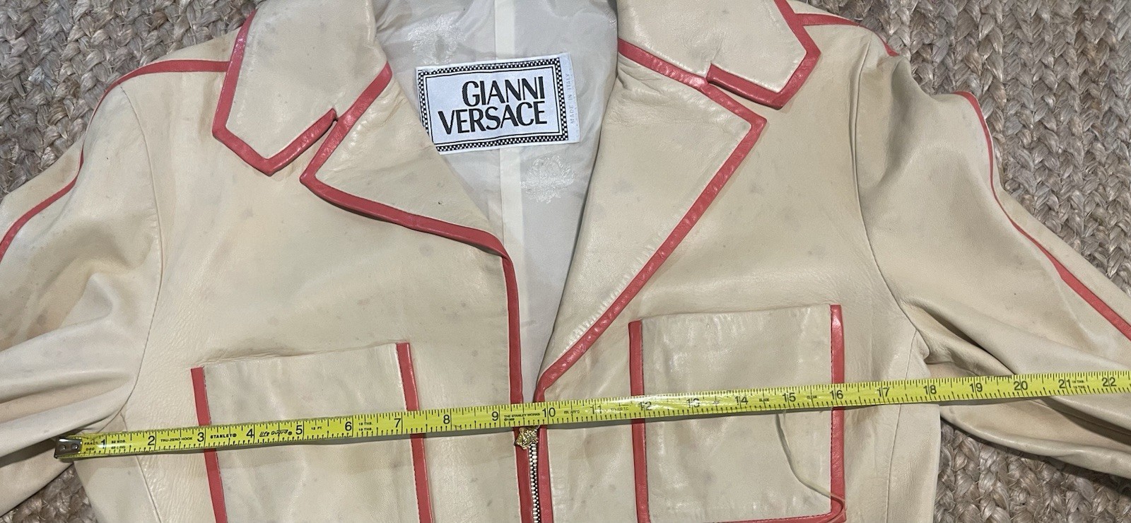 VTG Gianni Versace 2000 Leather Pant Suit 42 Nappa Lambskin Lion Zip Tan Orange