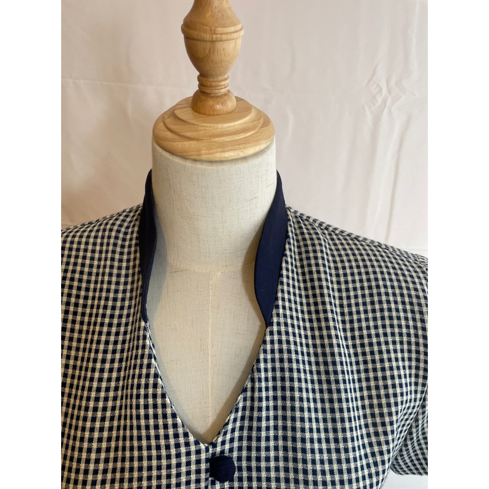 Scarlett Vintage Gingham Check Maxi Dress Navy Blue White Mandarin Collar 3/4