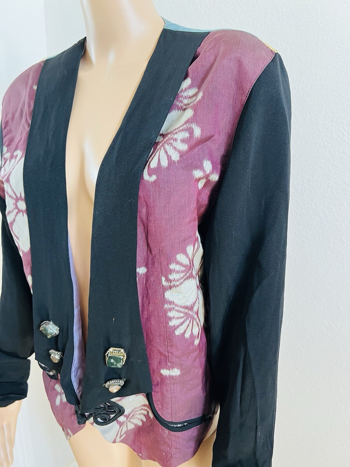 VTG Rebel Smith USA Silk* Open Jacket Floral Art Top Gemstone Accents M/L* OOAK