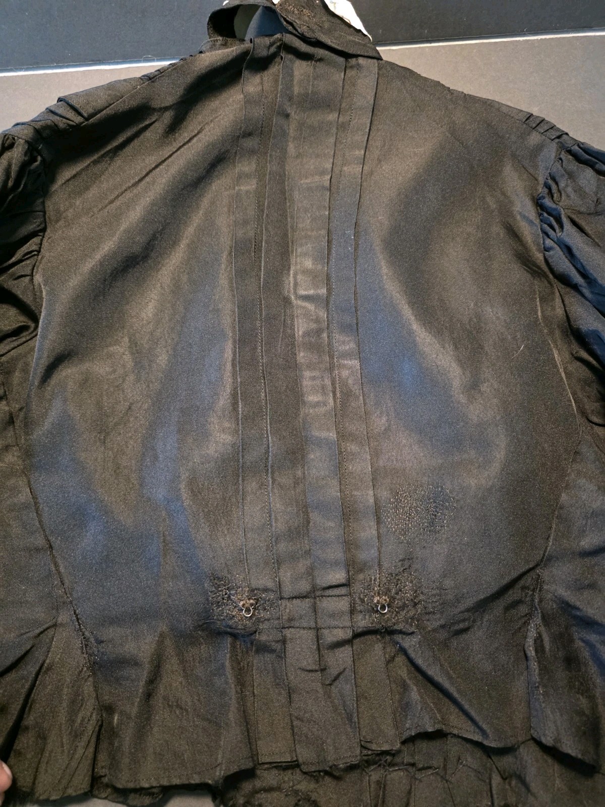 Antique 1890s Victorian Black Silk Mourning Bodice Blouse High Neck Pleated Lace