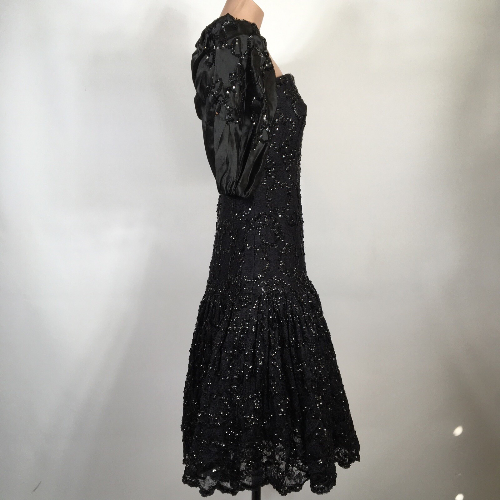 Black Frank Usher Puffy Sleeve Party Prom Evening Dress VTG 80s Sequin US-12