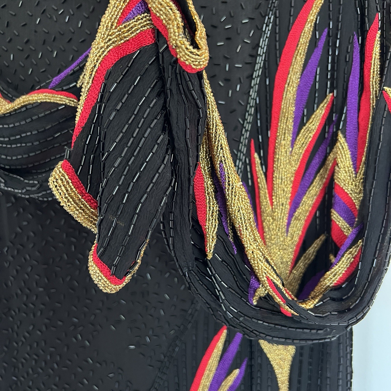 70&rsquo;s beaded & embroidered silk gown- Bob Mackie style Abstract Flame Pattern
