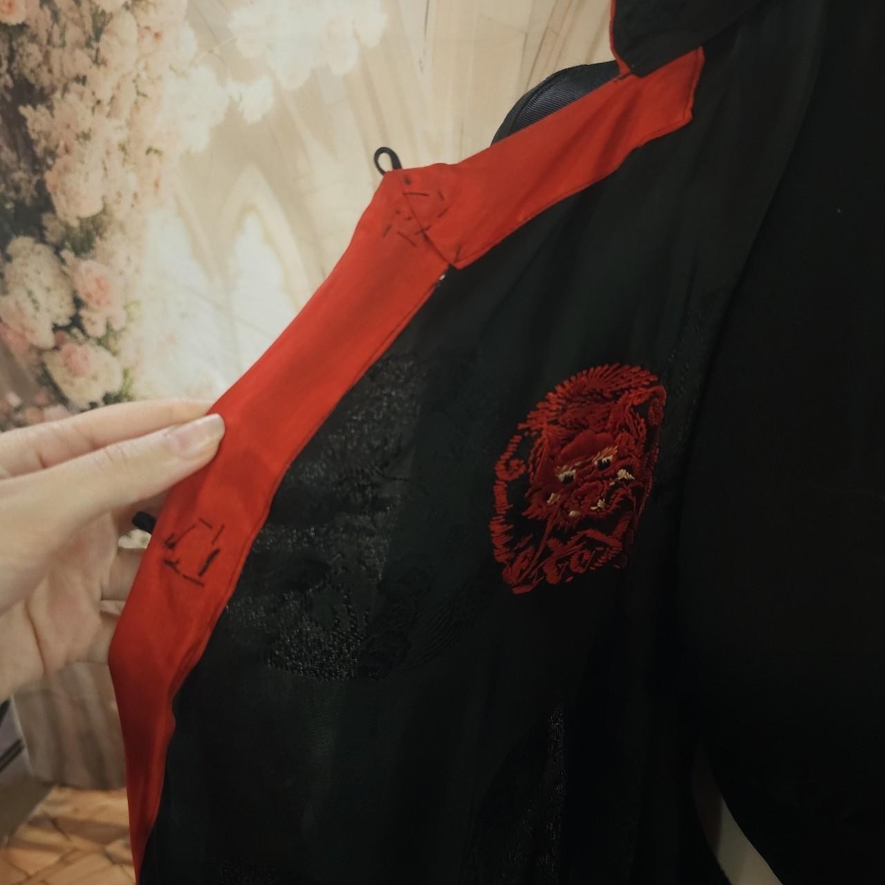 1940s 1950s Black Red Dragon Embroidered Chinese Robe Tie Waist Jacket Dress