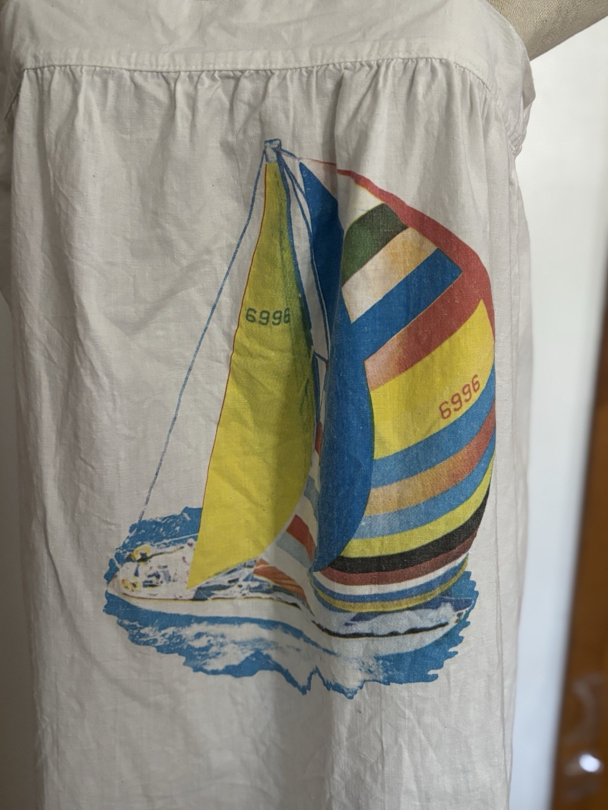 VINTAGE: 100% COTTON Adjustable Tie Nautical “Sailboat” Dress *SZ.M (IVORY)