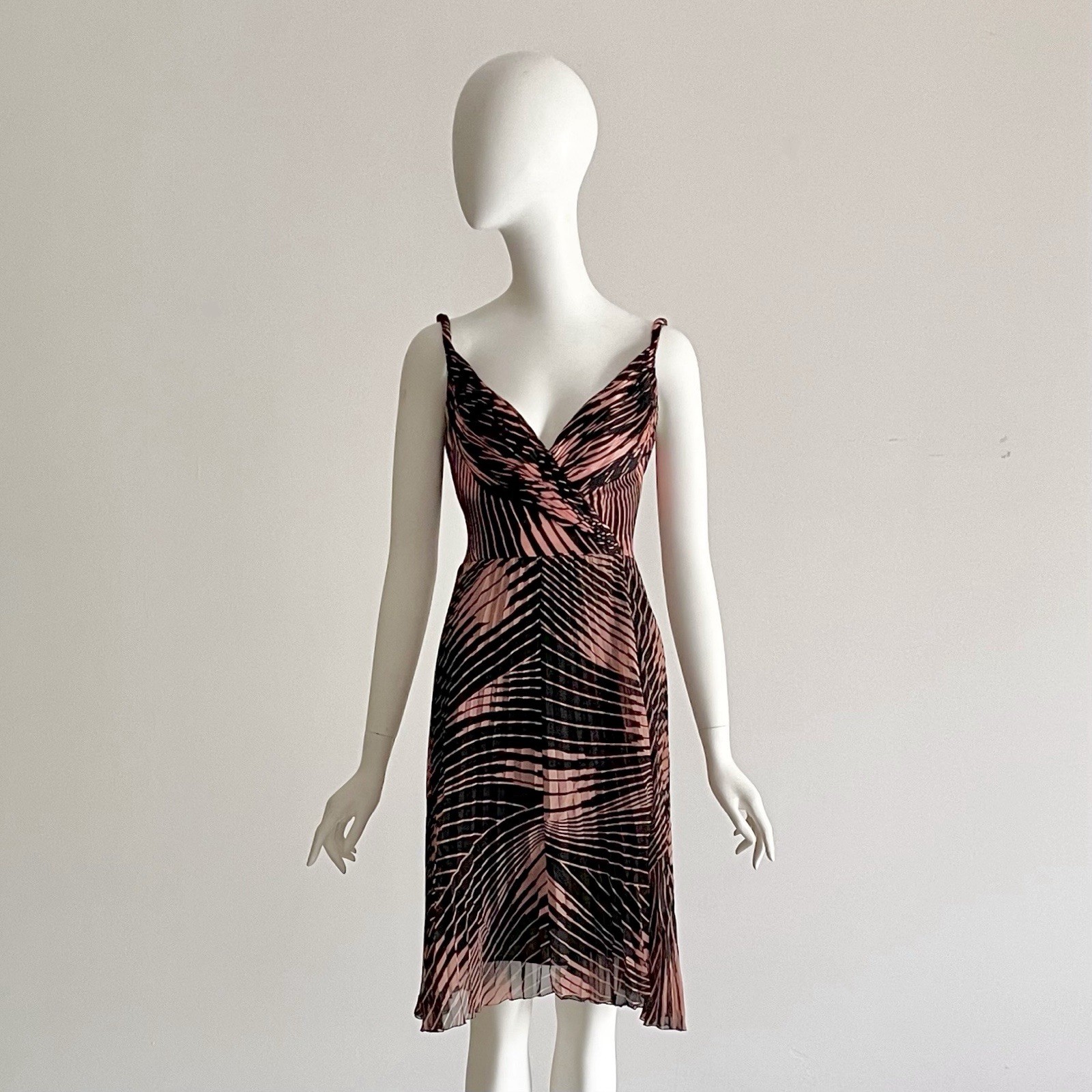 Vintage S/S 2000 Gianni Versace Pleated Black Orange Plunge V Dress Bodysuit XS