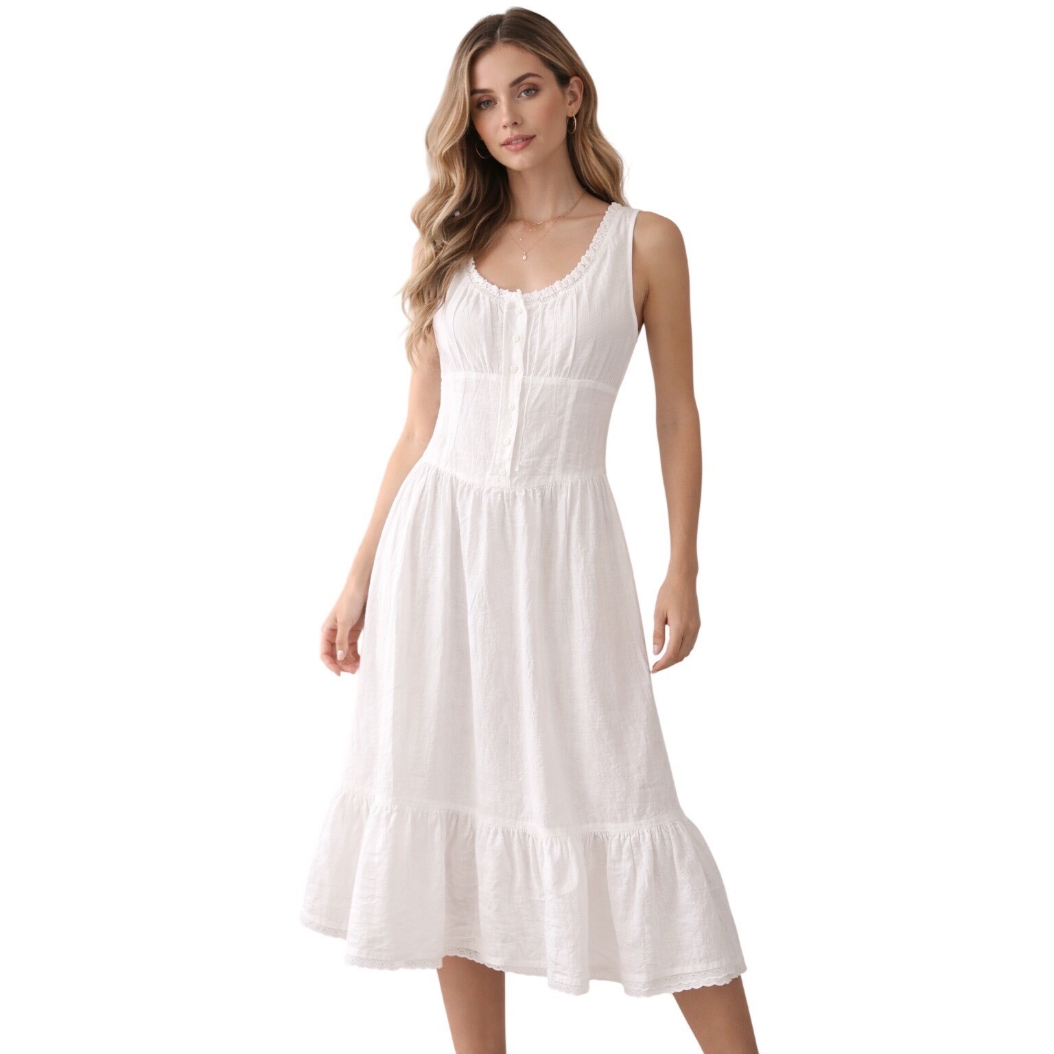 Morgan City Vintage White Eyelet Lace Prairie Midi Dress Womens Medium USA Made