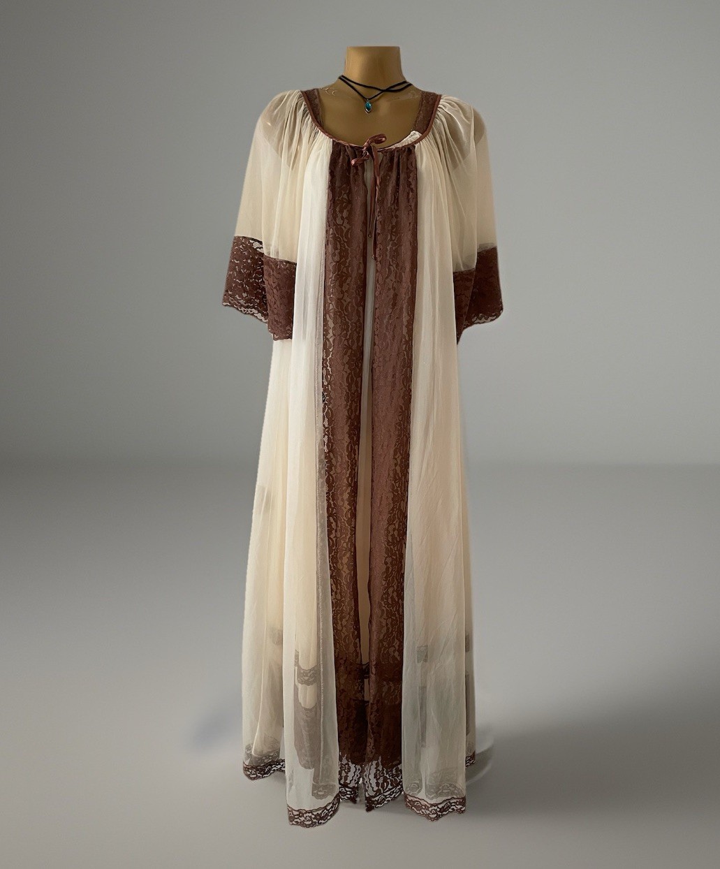 Vtg 60s Janelle Sheer Peignoir Chiffon Long Gown Robe Beige Brown Lace S MCM