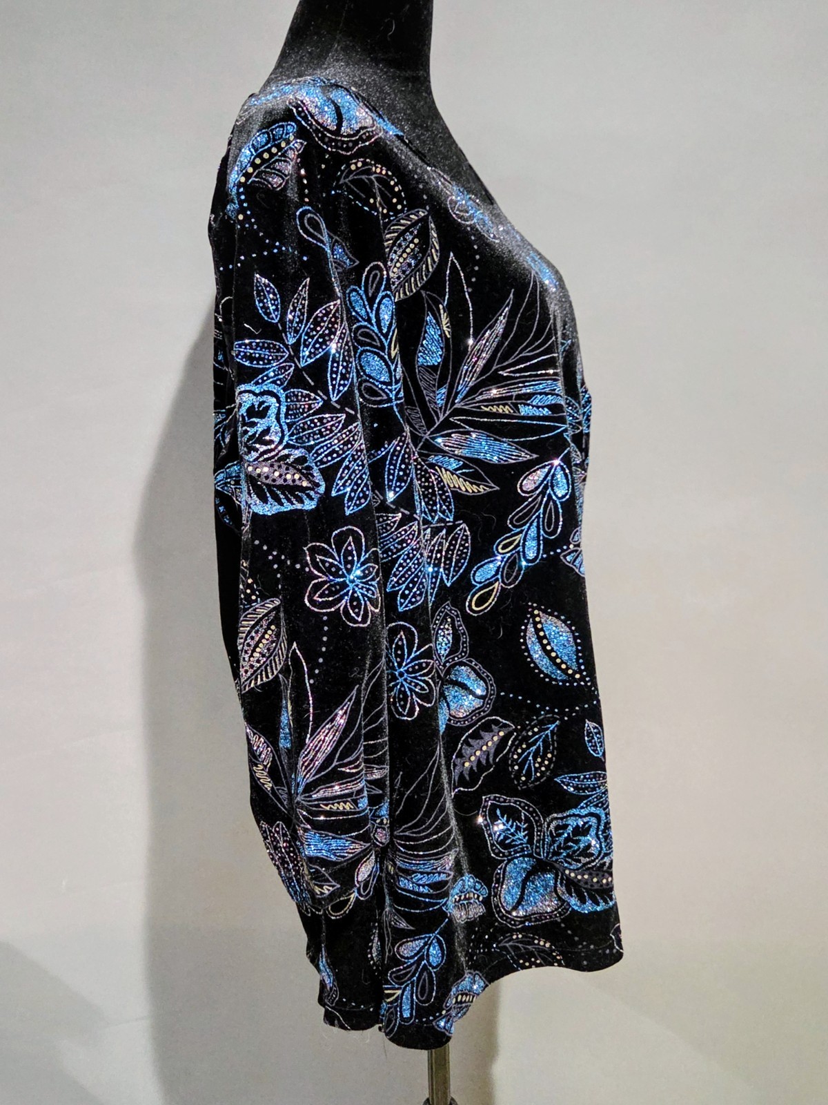Elementz Vintage Sparkly Glitter Top Shirt Size 2XL Faux Velvety Blue & Black