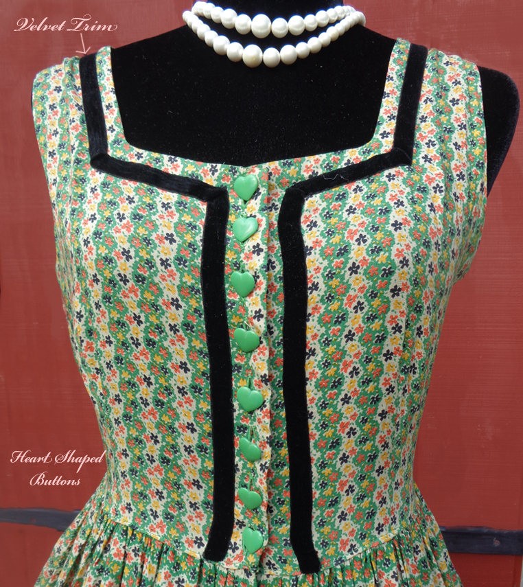 Vtg 50&rsquo;s Sun Dress Cotton Voile – Black Velvet Trim & Heart Buttons
