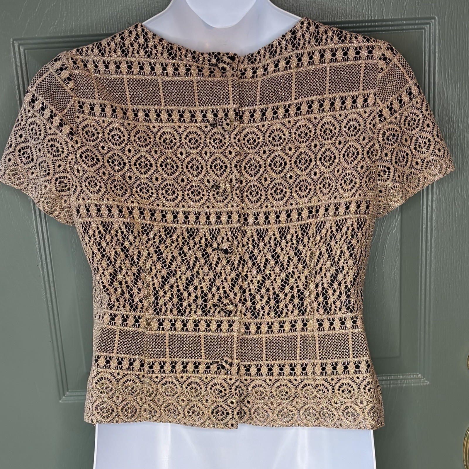 Vtg Halmode Petites Top Open Crochet Metallic Gold Lace Button Back Dressy 12