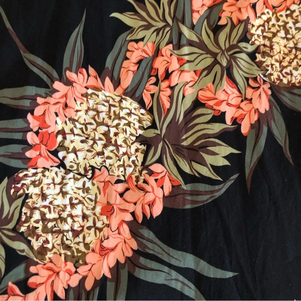 Vintage Hilo Hattie Hawaiian Pineapple Hibiscus Print Sleeveless Black Dress S