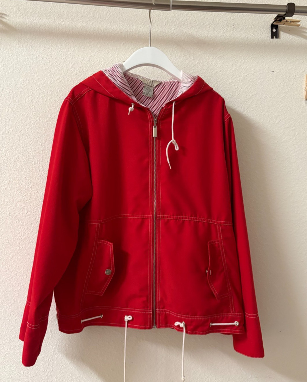 Vintage 1990s Teddi Red Hooded Rain Jacket Zip Coat Women&rsquo;s XL Lightweight