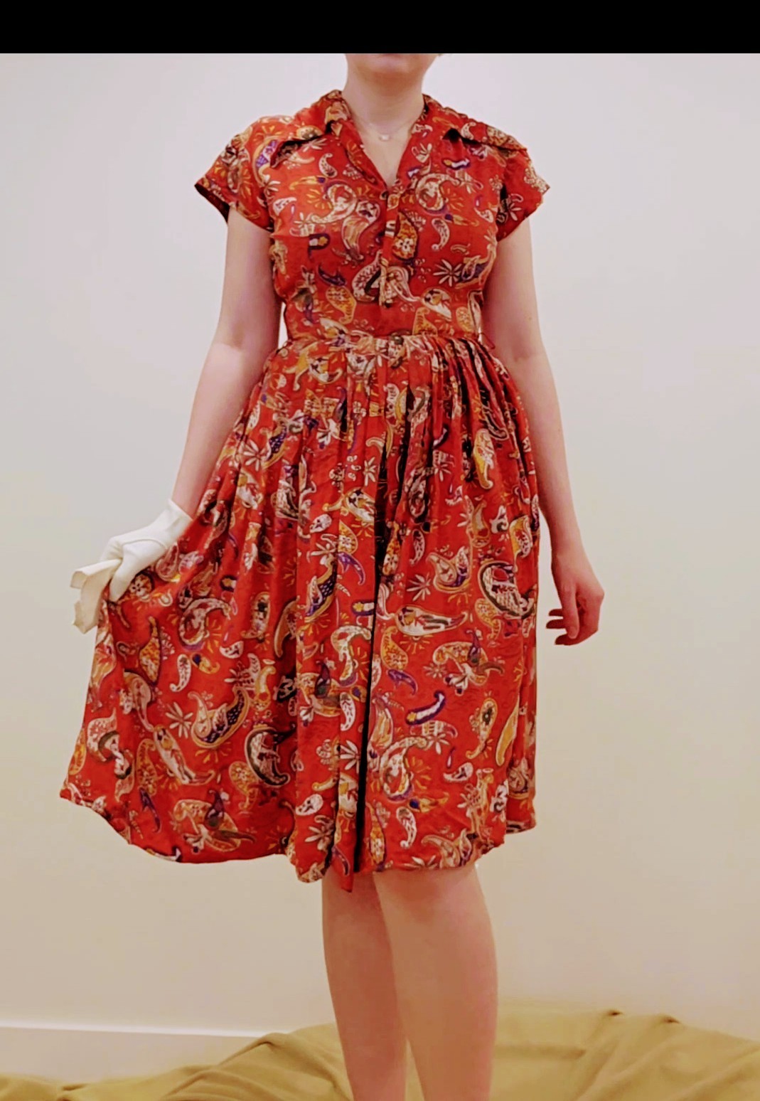 40s VTG Paisley Red Summer Rayon Dress Pin Up WWII Blue White XS Carol King Gown