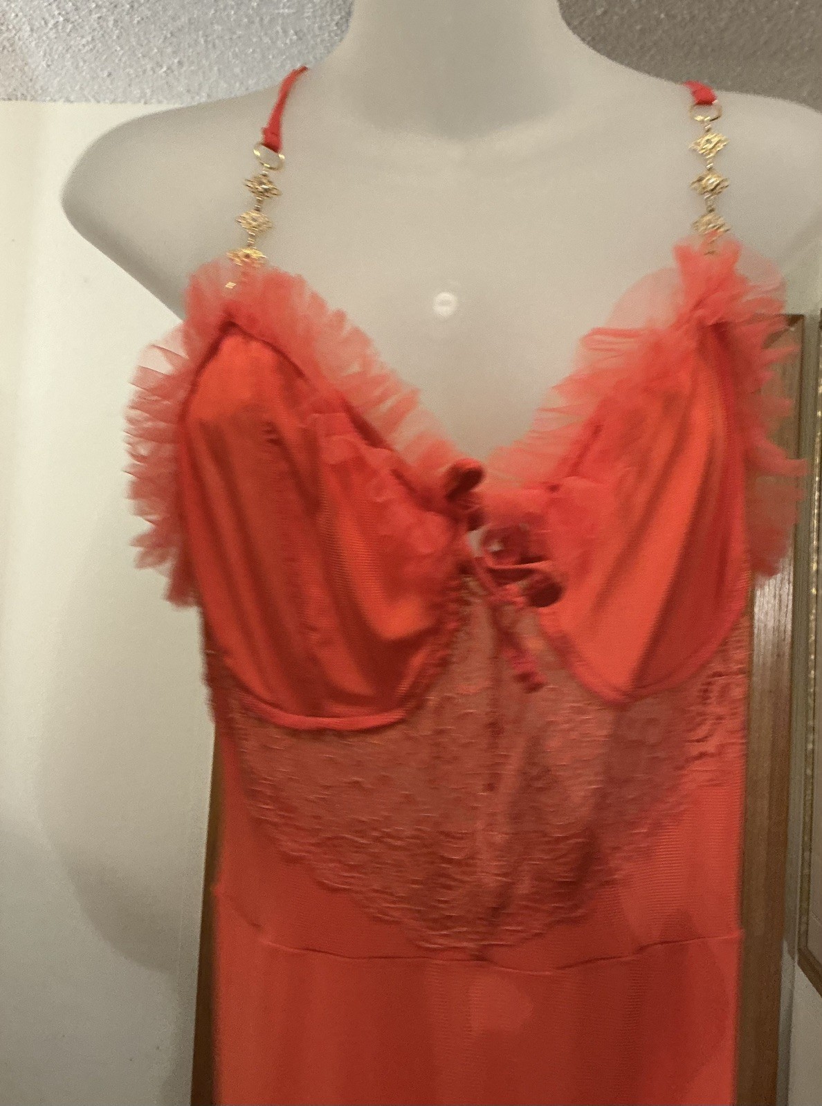 Full Sweep Orange Citron See-Through Lace FULL SHEER Chiffon Nightgown Gown L