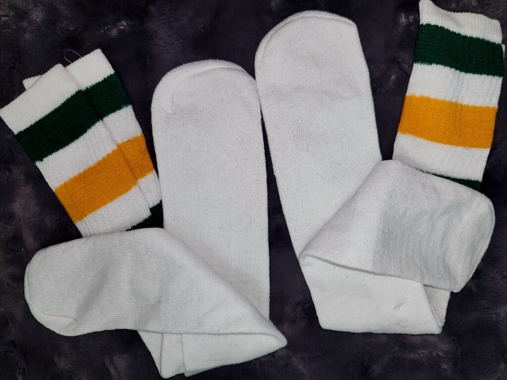 VTG 80&rsquo;s 2 Thick Stripe Tube Socks 23&Prime; long Standard Size Green Yellow White NOS