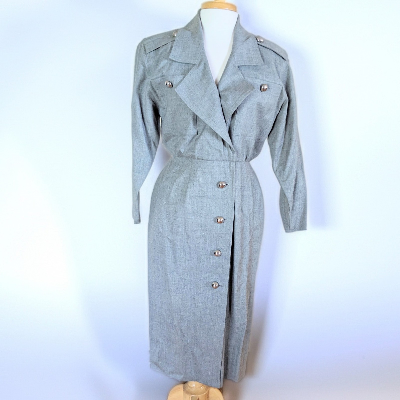 Vintage 80s PSI Couture Gray Marl Coatdress Military Power Dress Midi Epaulets
