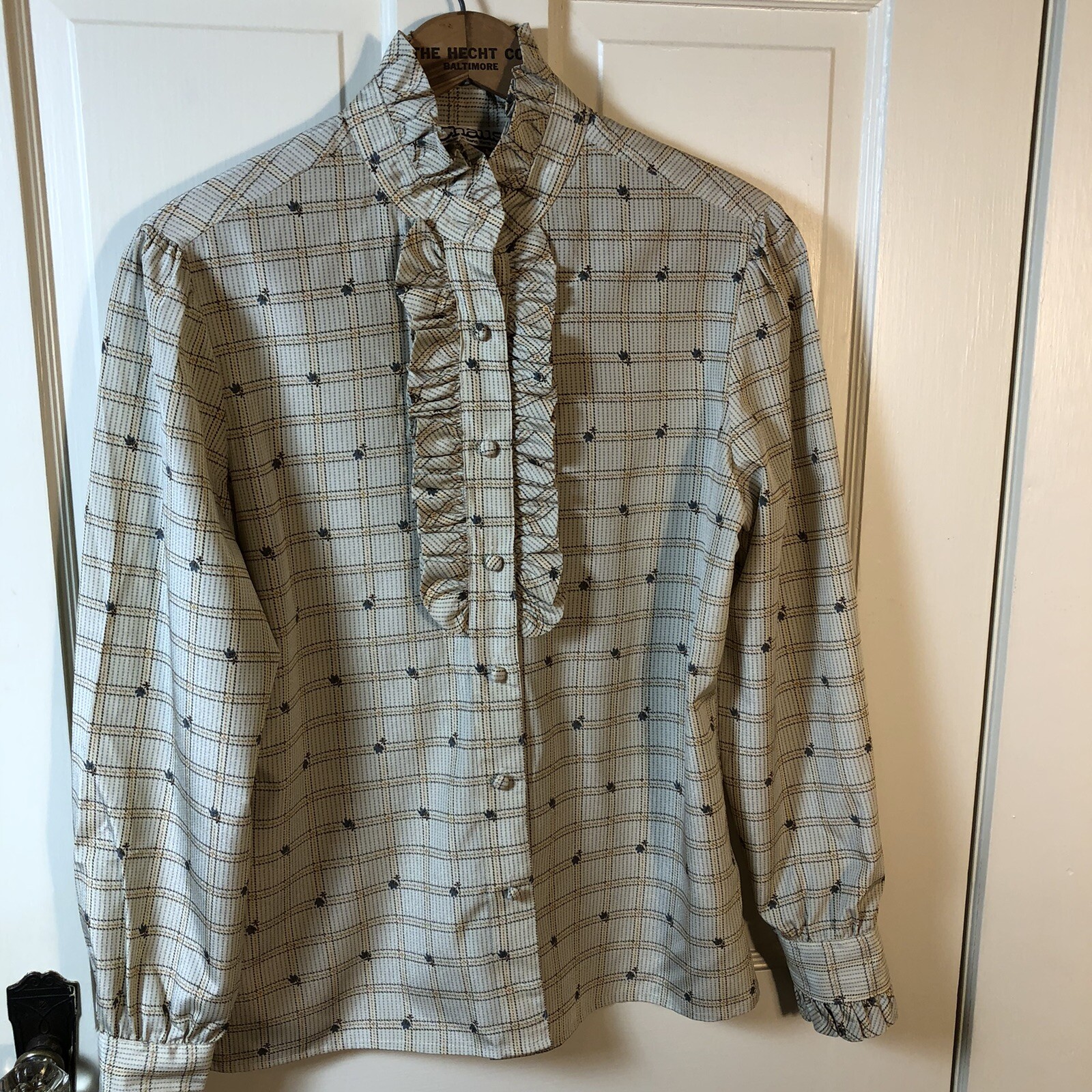 Windowpane and Floral Ruffled Prairie Blouse Sz M