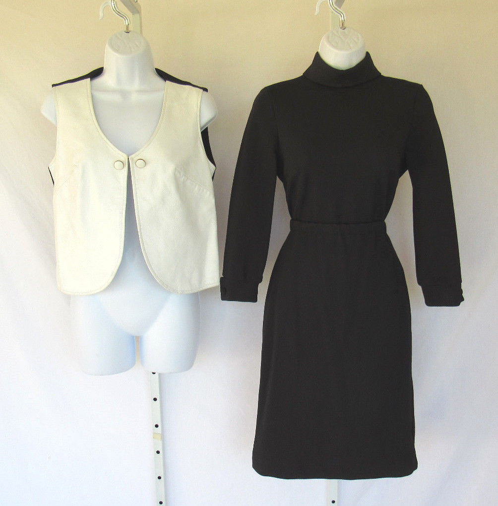 VINTAGE 1960s MOD ICONIC THE PHYLLLIS LOOK SKIRT TOP VEST SIZE 8 BLACK WHITE