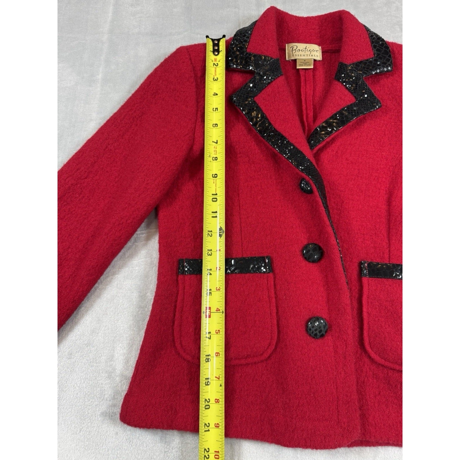 Vintage 1980s Red Wool Jacket Black Leather Trim Boutique Essentials Small