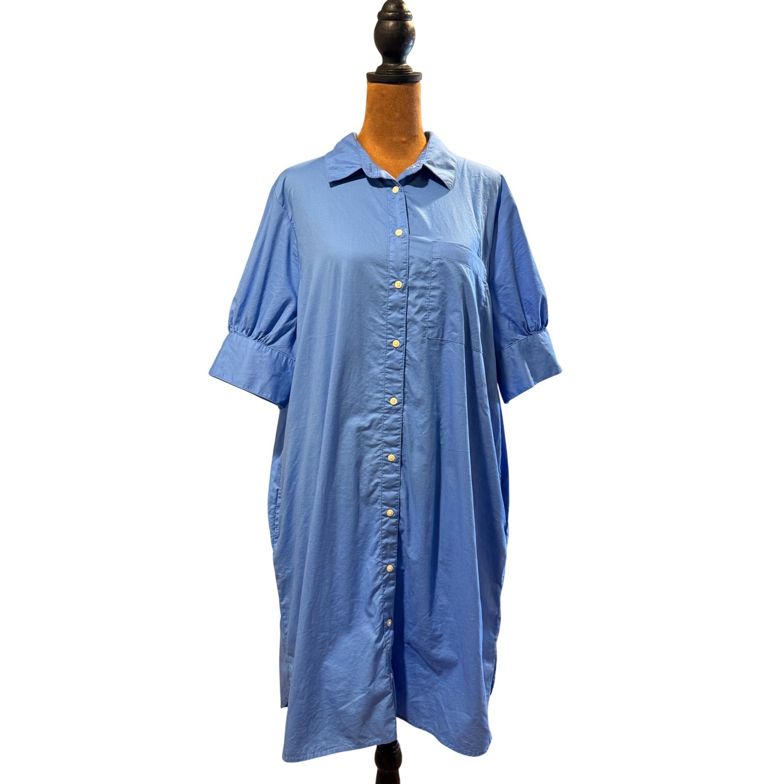 Old Navy Shirt Dress Womens L Blue Cotton Puff Sleeve Pockets Minimalist Casual