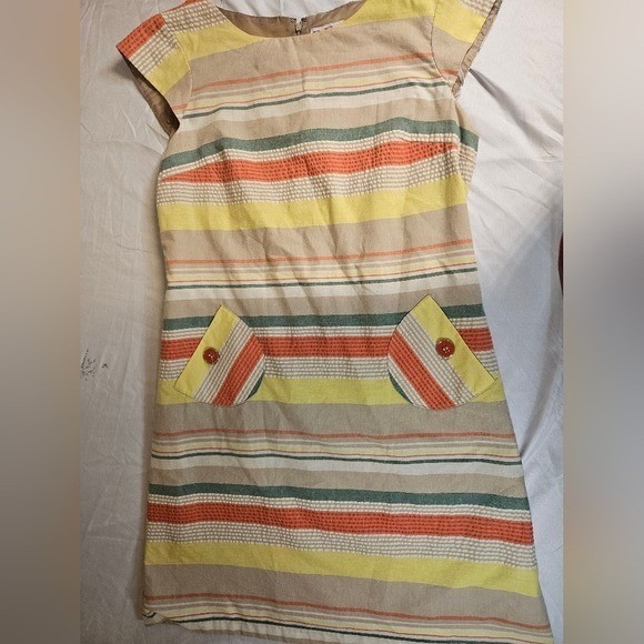 R&K Originals Vintage Stripe Shift Dress Yellow Orange Green Mod Pockets Size 14