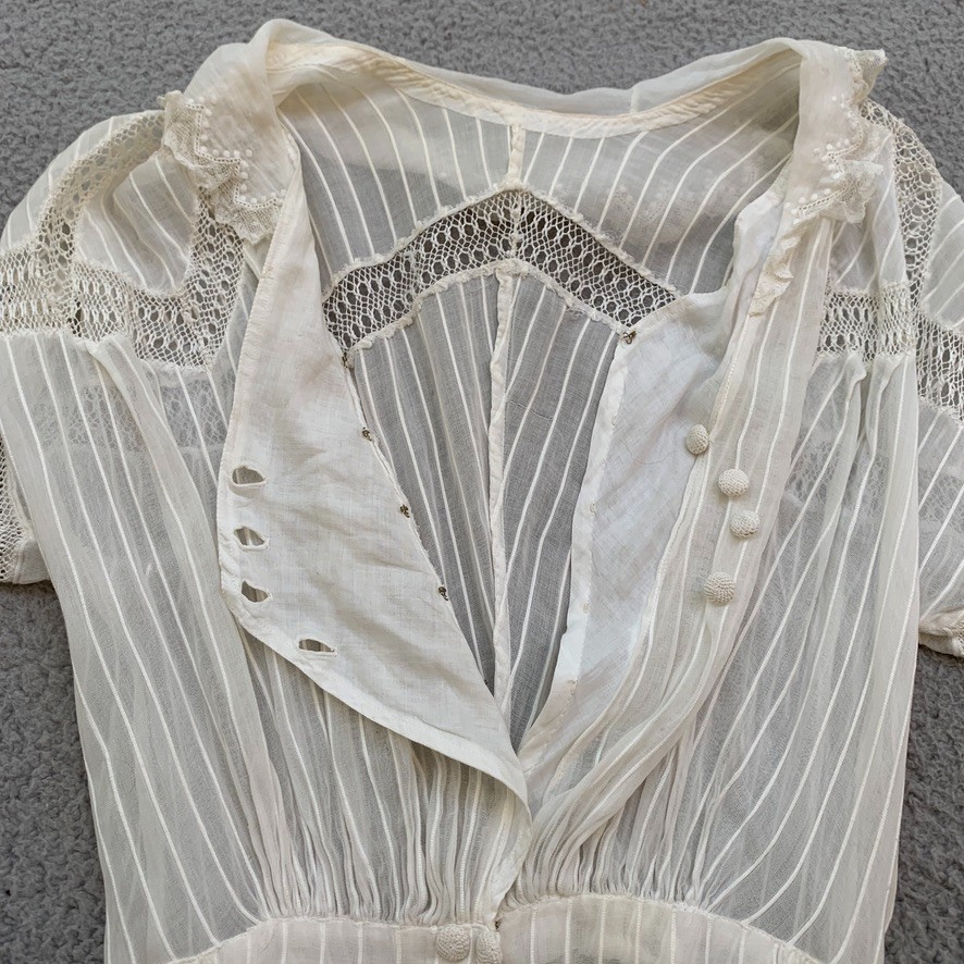 Antique Edwardian White Cotton Dress XXS Crochet Lace Lawn Tea Victorian Sheer