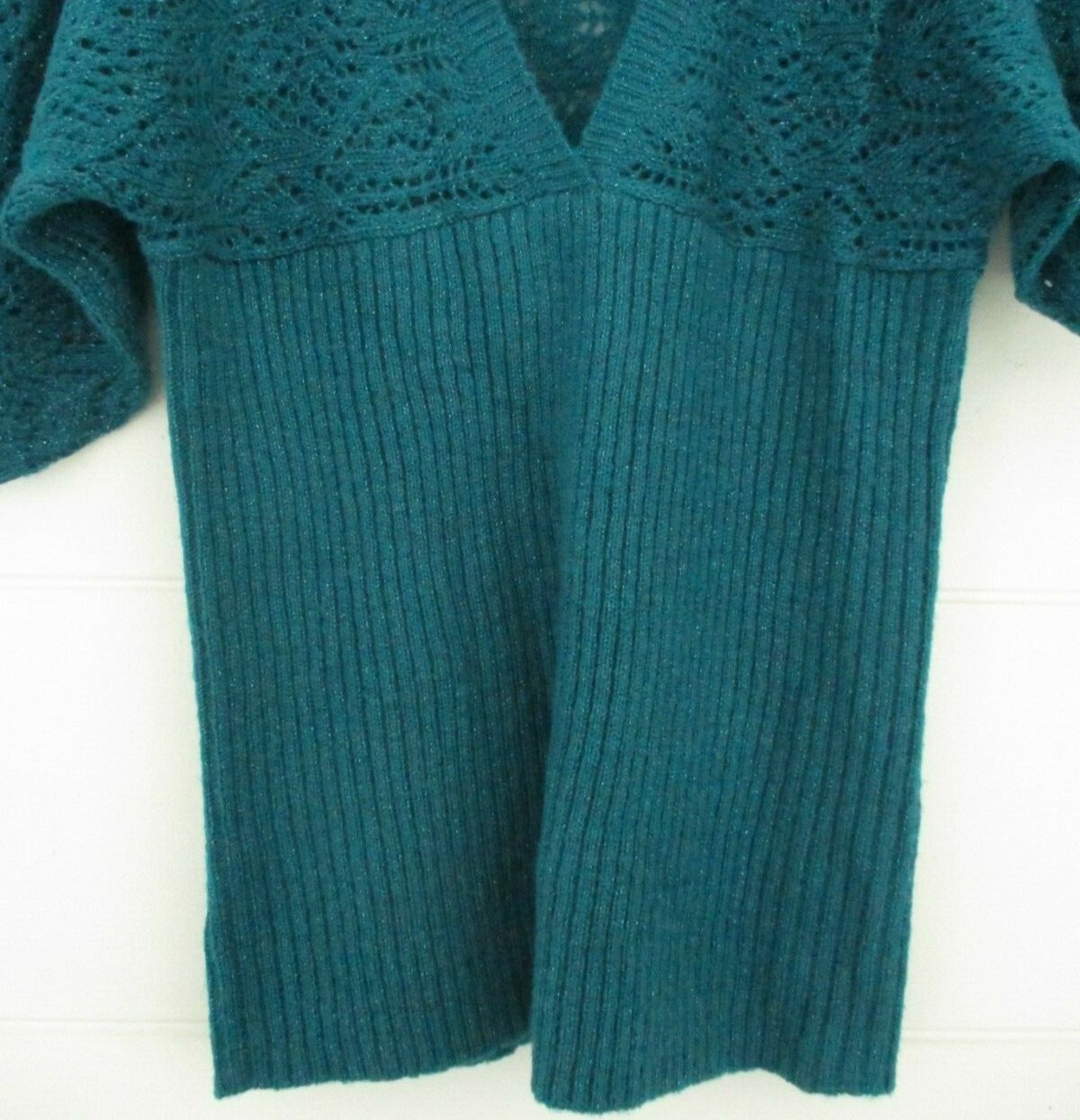 Vintage 1980&rsquo;s A.N.A open Lace Knit Sweater Women Teal Size L 3/4 Kimono Sleeve