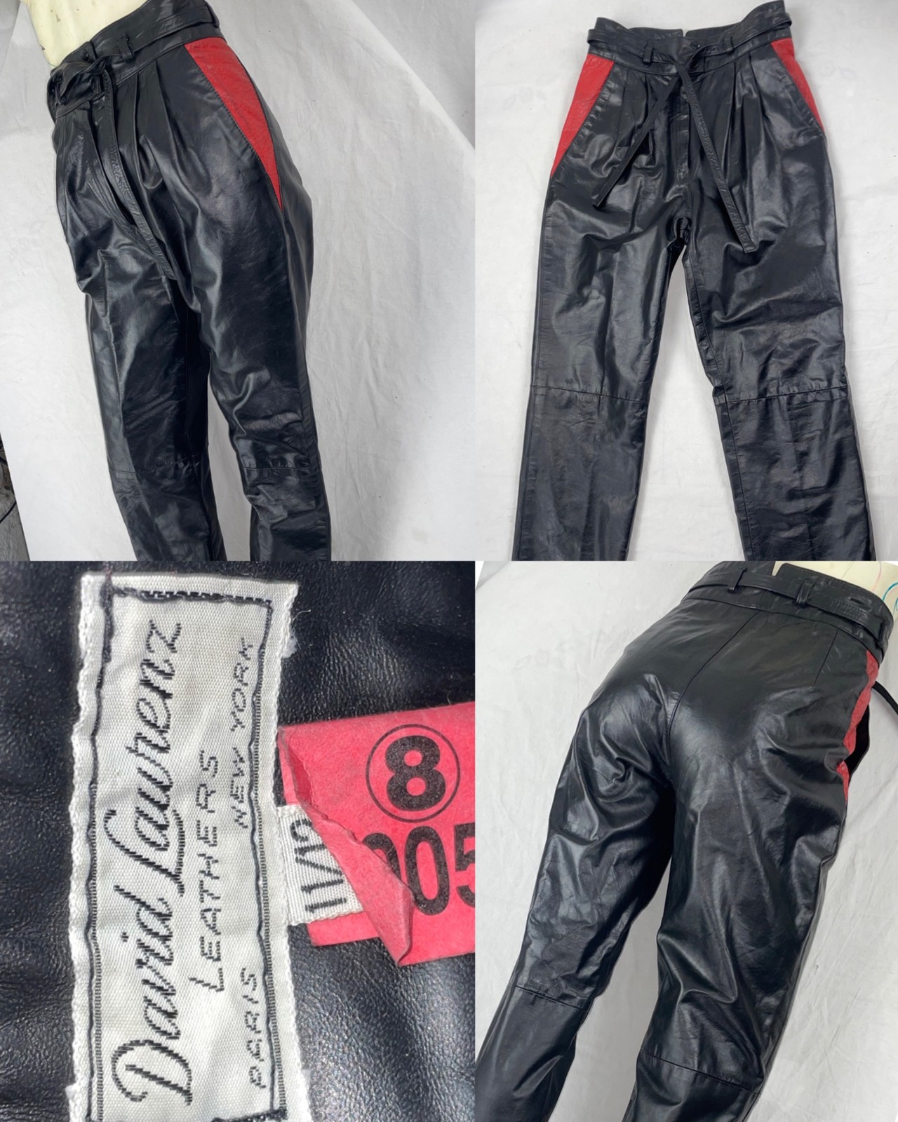 VTG 80S WOMENS 28 X 30 BLACK RED LEATHER RETRO MOTORCYCLE NEW WAVE FASHION PANTS