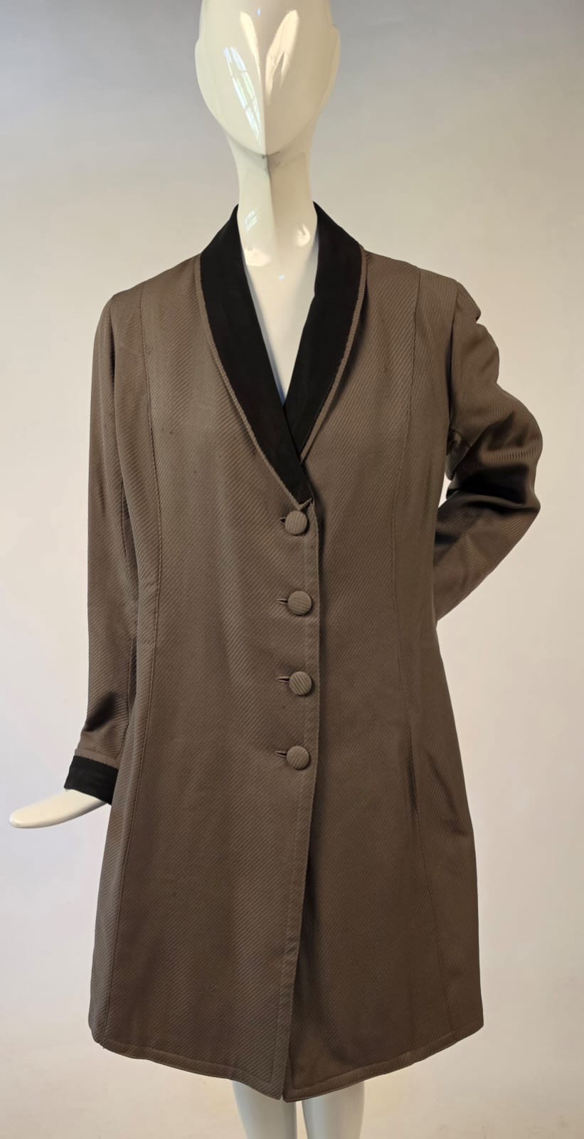 EDWARDIAN RIBBED WOOL WALKING SUIT JACKET W BLACK SILK COLLAR + CUFFS