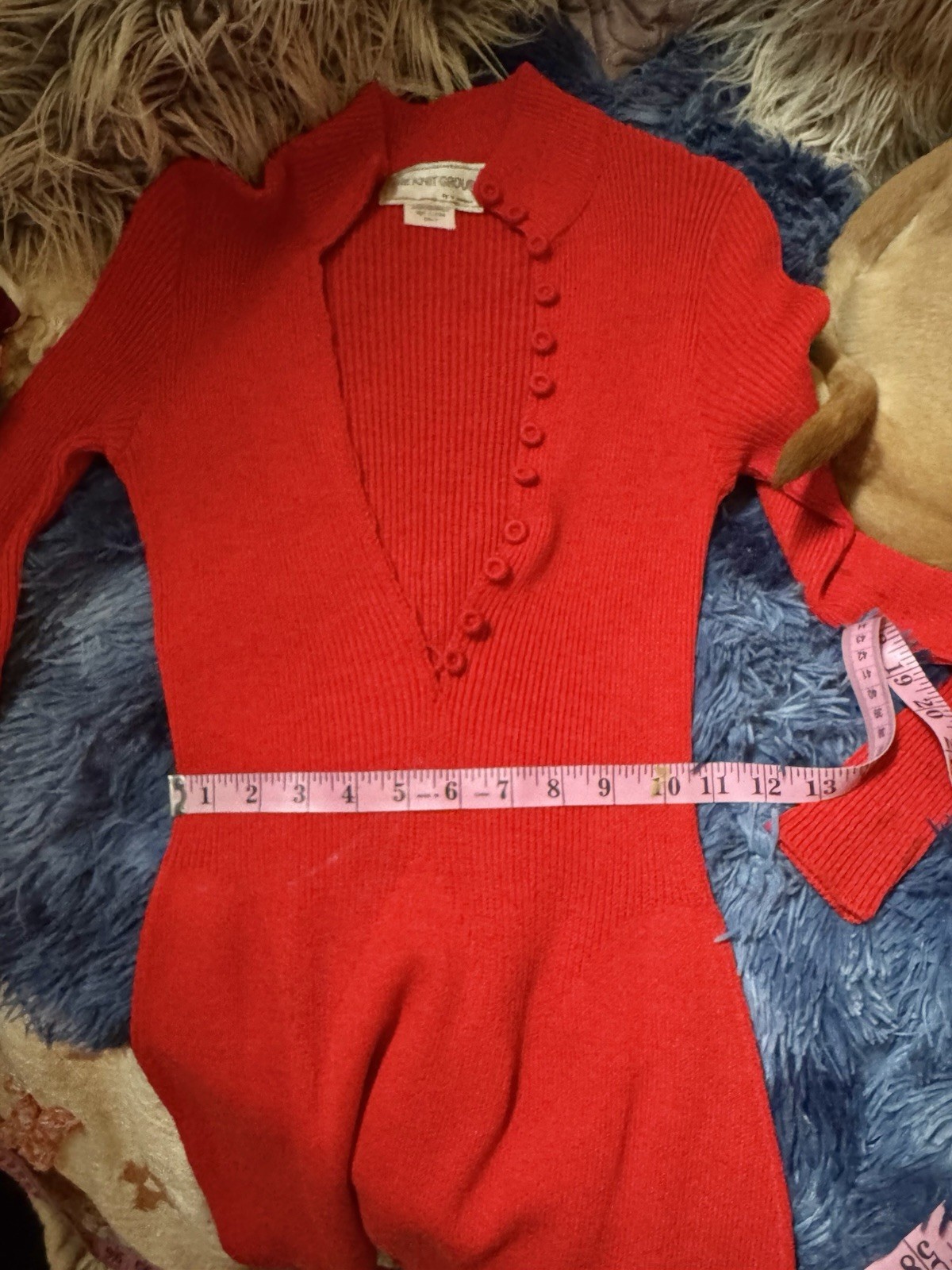 Vtg The Knit Group Stretch Acrylic Sweater Wiggle Dress Fitted Red Skinny Sleeve