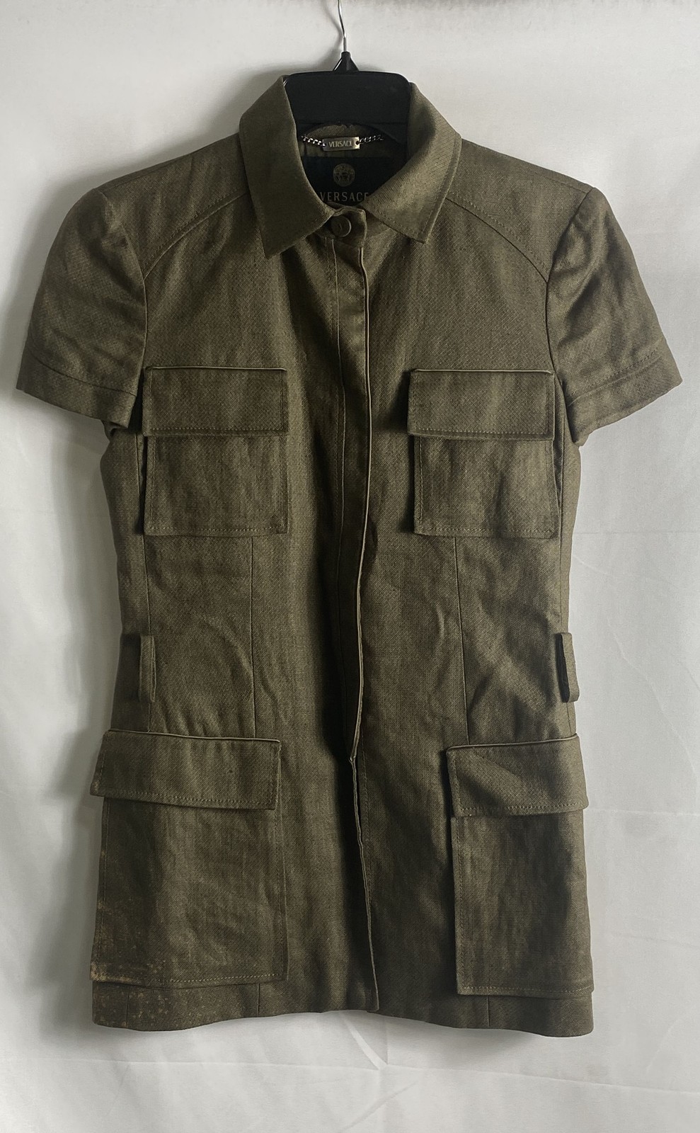 Vintage Versace Women&rsquo;s Olive Green Linen Silk Safari Utility Jacket Dress Sz 38