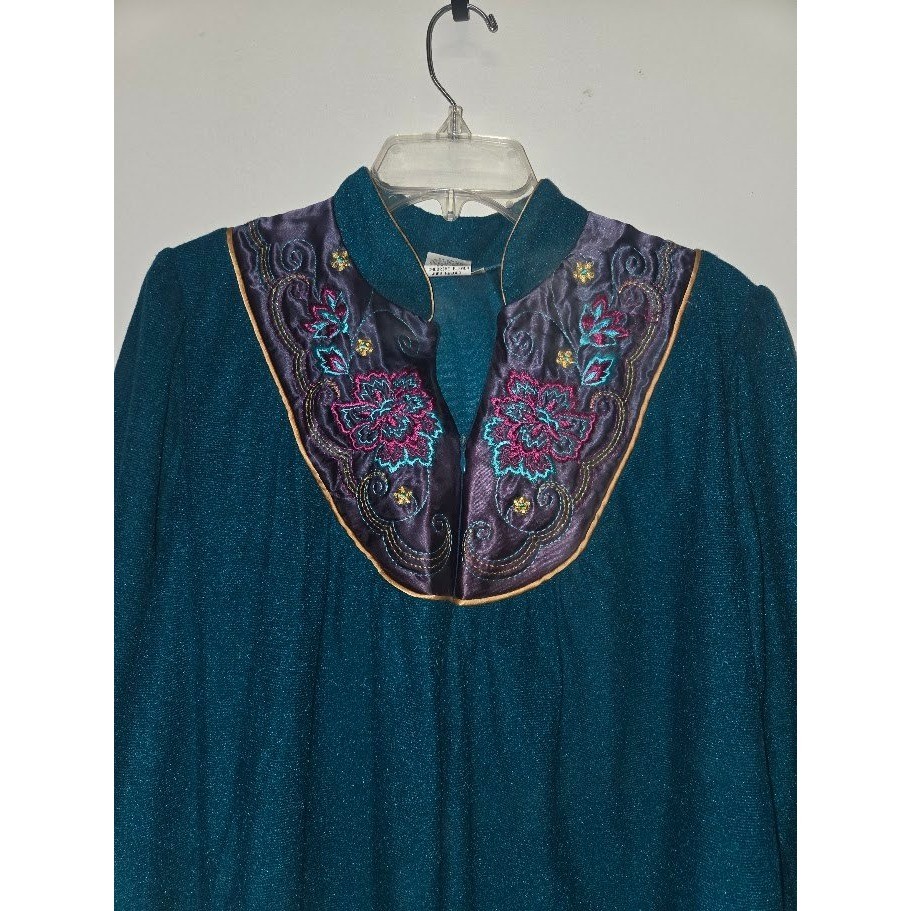 Vintage Sears Cachet Teal Embroidered Robe House Dress Size M
