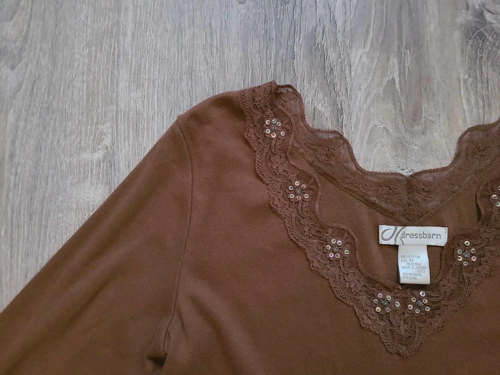 VTG Dressbarn Womens M Fitted Top Beaded Lace Brown Stretchy Y2K Fairycore